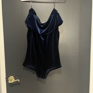 Off the shoulder faux velvet navy blue bodysuit